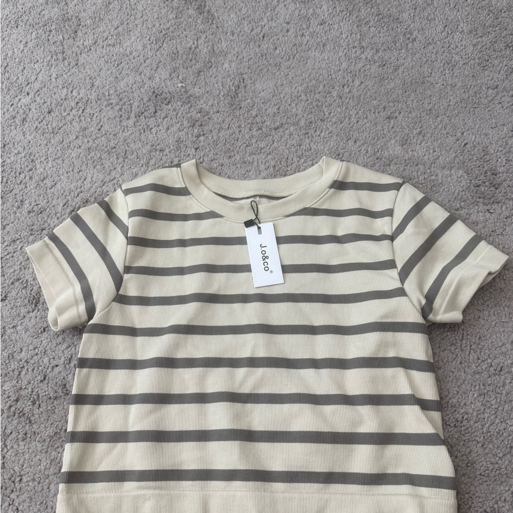 Cream and Gray Striped Short Sleeve Tee